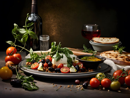 Greek feta cheese with olives, tomatoes and basil on black backgroundの素材