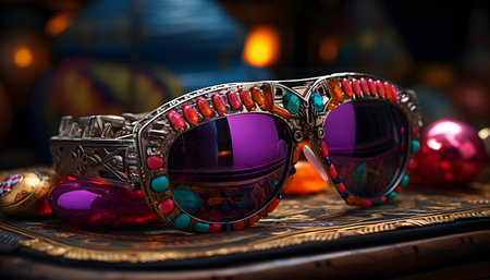 Sunglasses on the table in the dark. Selective focus.の素材