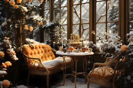 Beautiful winter cafe interior with snow covered trees and vintage furniture.の素材