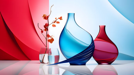 Colorful glass vases with red and blue liquid on a white backgroundの素材