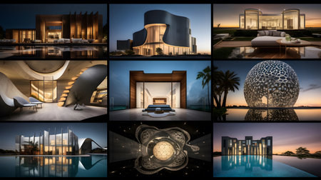 Collage of modern architecture. Collage of contemporary architecture in the evening.の素材