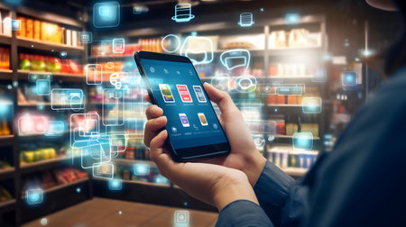Smartphone with application icons on the screen in a grocery store 3D renderingの素材