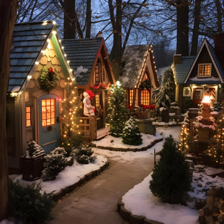 Christmas and New Year miniature village in winter evening. Christmas decorations on the streets of the city.の素材