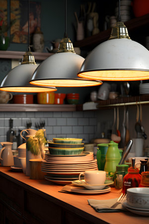 Kitchen interior with utensils and table lamp. Selective focusの素材
