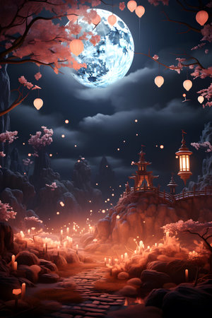 Halloween background with full moon, clouds and lanterns, 3D renderingの素材