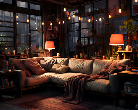 3D rendering of a cozy living room in a loft style.の素材