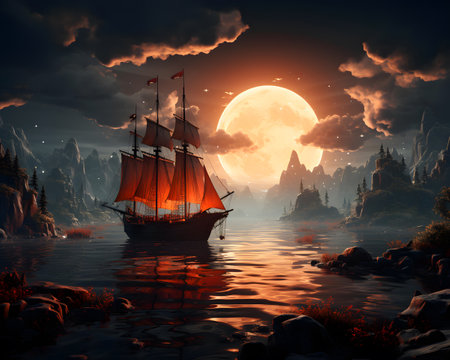 Fantasy fantasy landscape with old ship in the sea. 3d illustrationsの素材