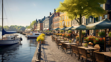 Canal in Amsterdam, Netherlands. Beautiful cityscape with boats and restaurants.の素材