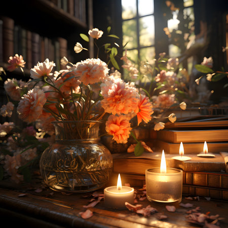 Bouquet of flowers in vase, books and candles on the tableの素材