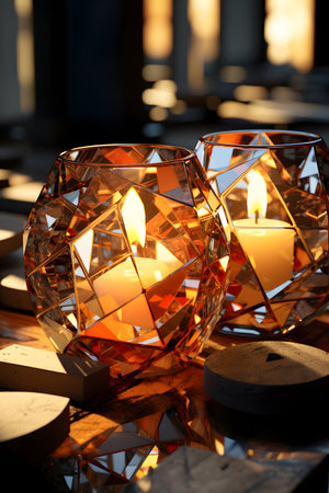 Candles in a glass candlestick in the shape of a heartの素材