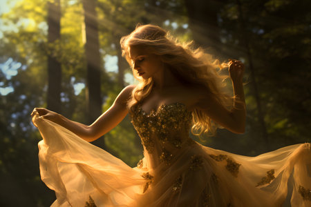 Beautiful young woman in a golden evening dress in the forest.の素材