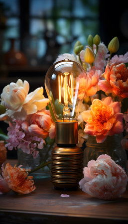 Decorative antique Edison style filament light bulb with bouquet of flowersの素材