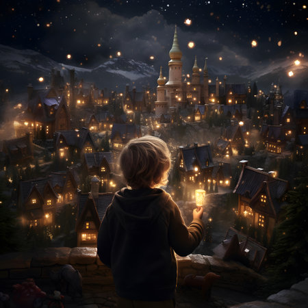 Little boy with flashlight in hand looking at old town at night. Fantasy and imagination conceptの素材