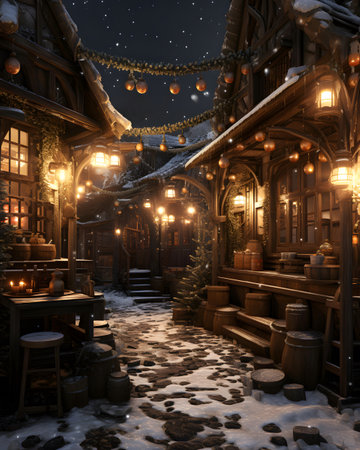 Christmas fairytale village with wooden houses covered with snow at nightの素材