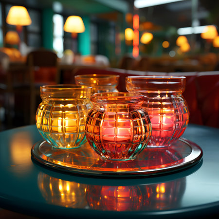 Colorful candlesticks in a restaurant. Selective focus.の素材