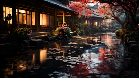 Japanese garden at night with reflection in water, japanese styleの素材