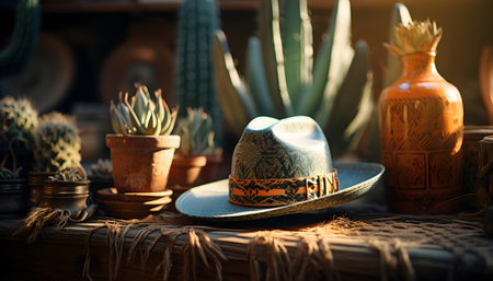 Still life with cactus and hat on the table. Vintage style.の素材