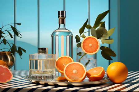 Still life with a bottle of tequila, oranges and citrus fruitsの素材