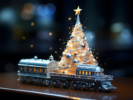 Christmas tree and train on the background of the night city. 3d illustrationsの素材
