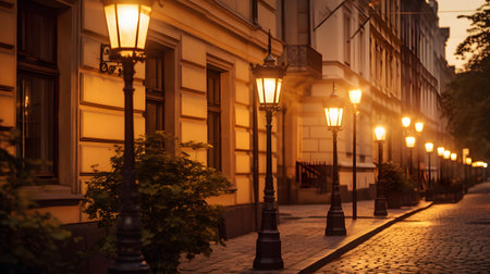Street lights in the old town of Lviv at night, Ukraineの素材