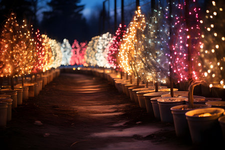 Candles in the shape of a Christmas tree in the park at nightの素材