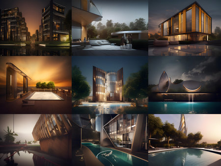 Modern architecture of the city at night. Collage of photos.の素材