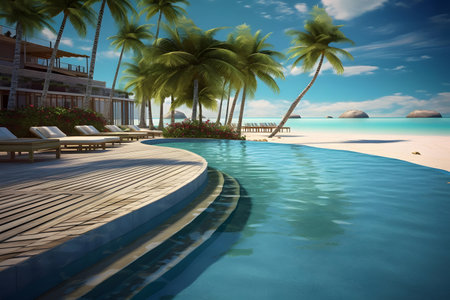 Swimming pool at tropical beach with palm trees. 3d renderingの素材