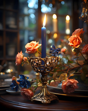Vintage candlestick with burning candle and flowers on dark backgroundの素材