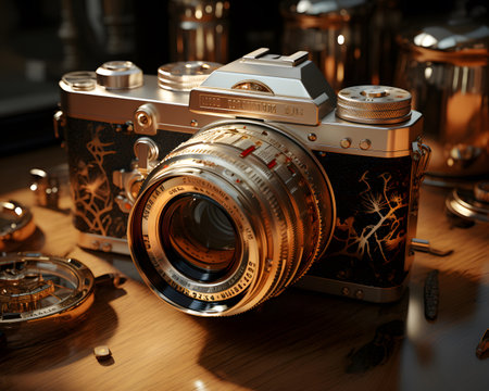 Old camera on a wooden table. 3D illustrations. Vintage style.の素材