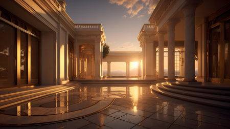 3D render of a beautiful building with columns and sunlight in the backgroundの素材