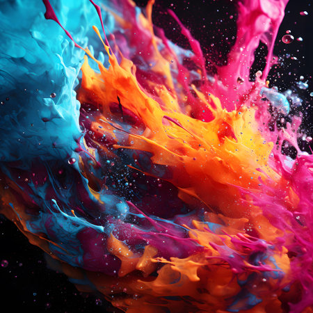 Colorful paint splashes isolated on black background. Abstract background.の素材