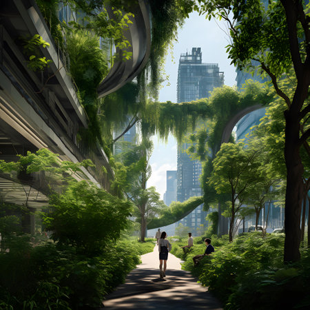 People walking on the road through the green forest. 3D renderingの素材