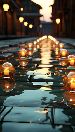 Candles on the water at the entrance to a Buddhist temple.の素材