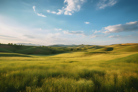 Beautiful sunset in Tuscany, Italy. Landscape with green hills and blue skyの素材