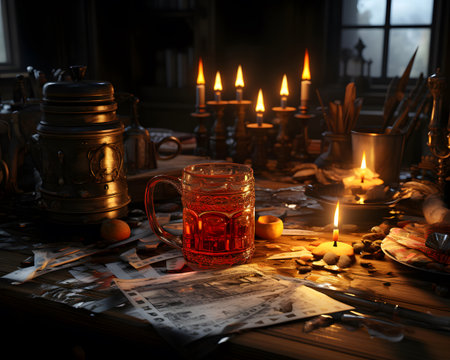 A cup of tea in a dark room. 3d rendering.の素材