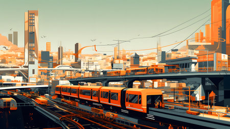 High-speed train in the city. 3D rendering. Toned image.の素材