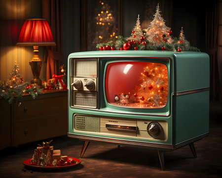 Vintage television with Christmas tree in the living room. 3D rendering.の素材