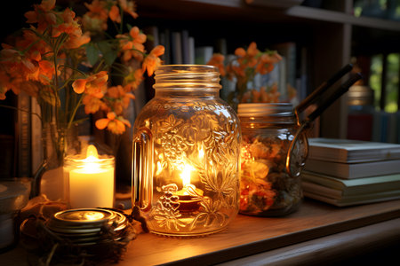 Candles in glass jars on the background of bookshelves and flowersの素材