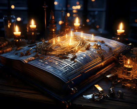 Old magic book with burning candles on dark background. 3d renderingの素材