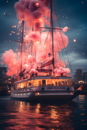 Sailing yacht on the river at night with clouds of smoke.の素材