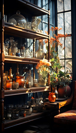Old bookshelf with vases and candlesticks in the interiorの素材