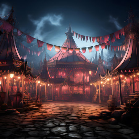 Fantasy night scene with a circus. 3d render illustration.の素材