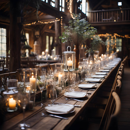 Wedding table with candles and cutlery in a restaurantの素材