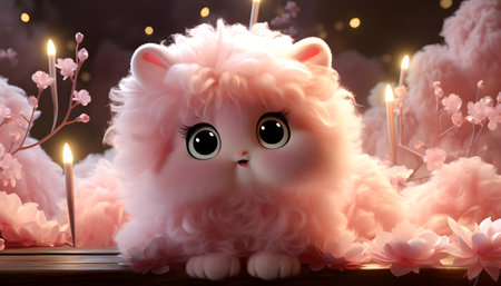 3d rendering of cute kawaii cat with candle light backgroundの素材