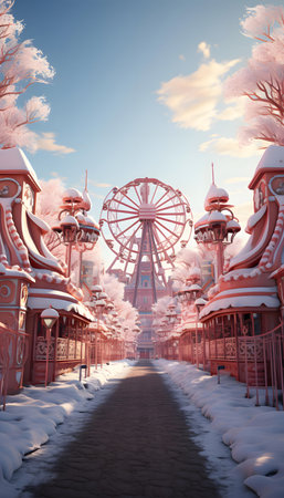 3D render of a fantasy fairground amusement park in winter.の素材