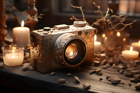 Vintage camera and candles on wooden table in room, closeupの素材