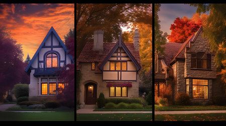A collage of three images of a beautiful house at sunset.の素材
