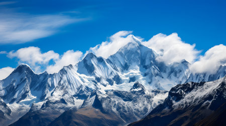 Beautiful mountain landscape with snow-capped peaks in Himalayas, Nepalの素材