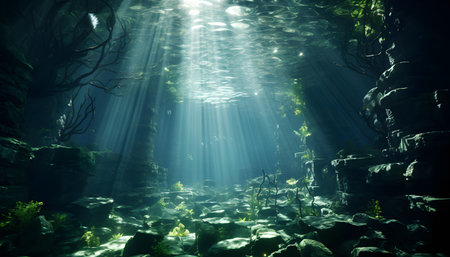 Underwater view with sun rays and dark green plants in aquarium.の素材