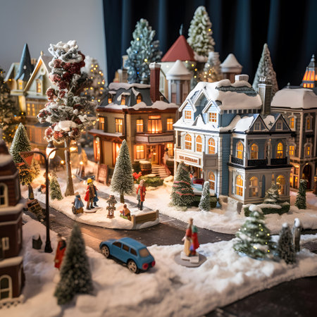 Christmas and New Year miniature scene with toy houses, trees and snow.の素材